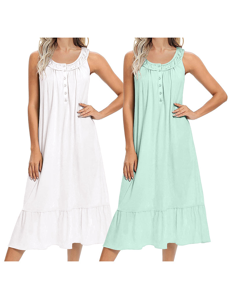Sleeveless nightgown 2-pack, Victorian style, button-front, pockets, white and mint