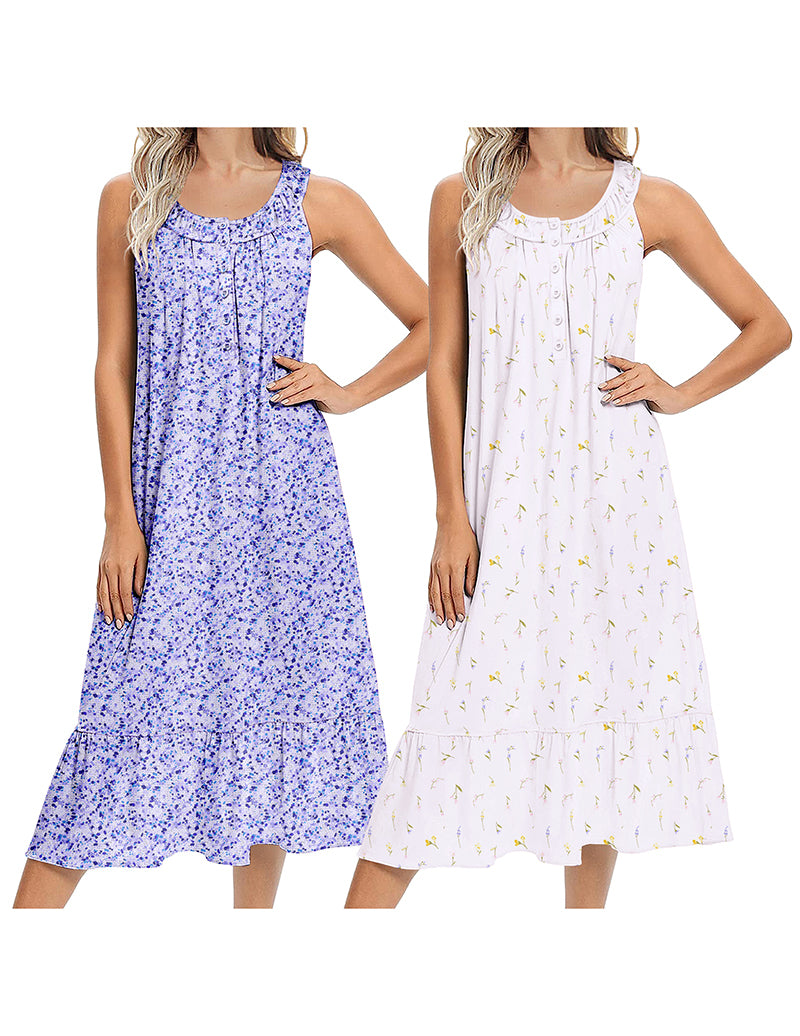 Two sleeveless long nightgowns: purple floral and white with small printed motif
