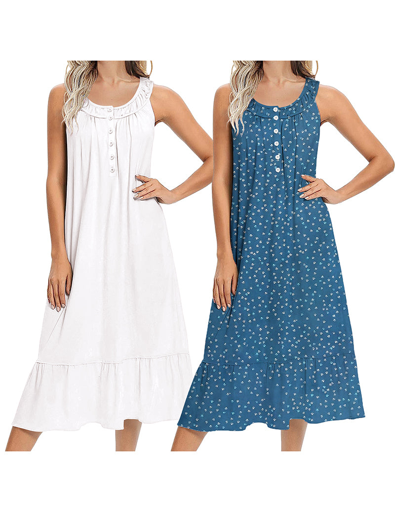 Sleeveless long nightgown with button front, white and tiered hem design