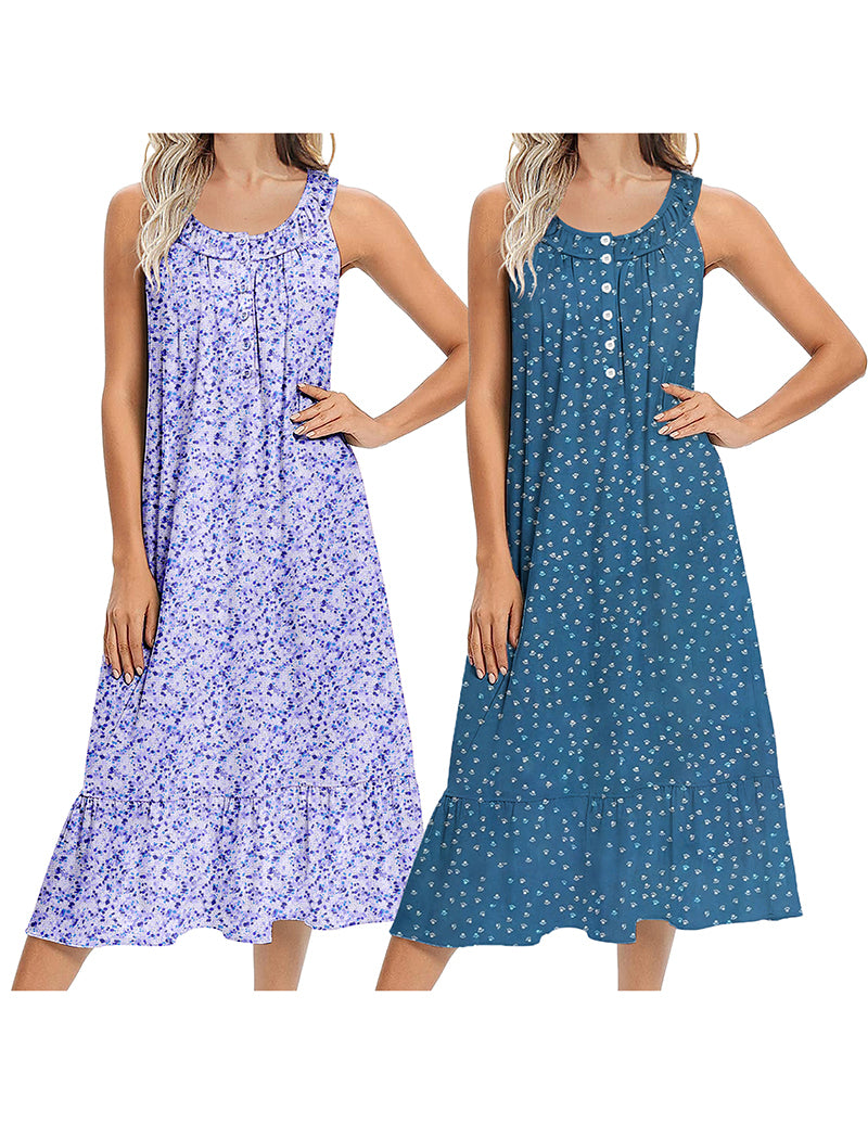 Two sleeveless long nightgowns: light purple floral and teal blue solid, button front