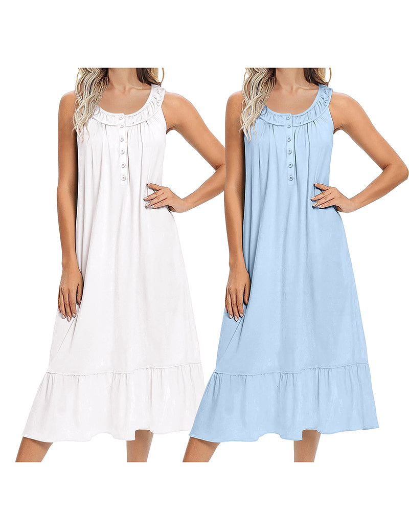Two sleeveless long nightgowns: white solid and light blue solid, button front