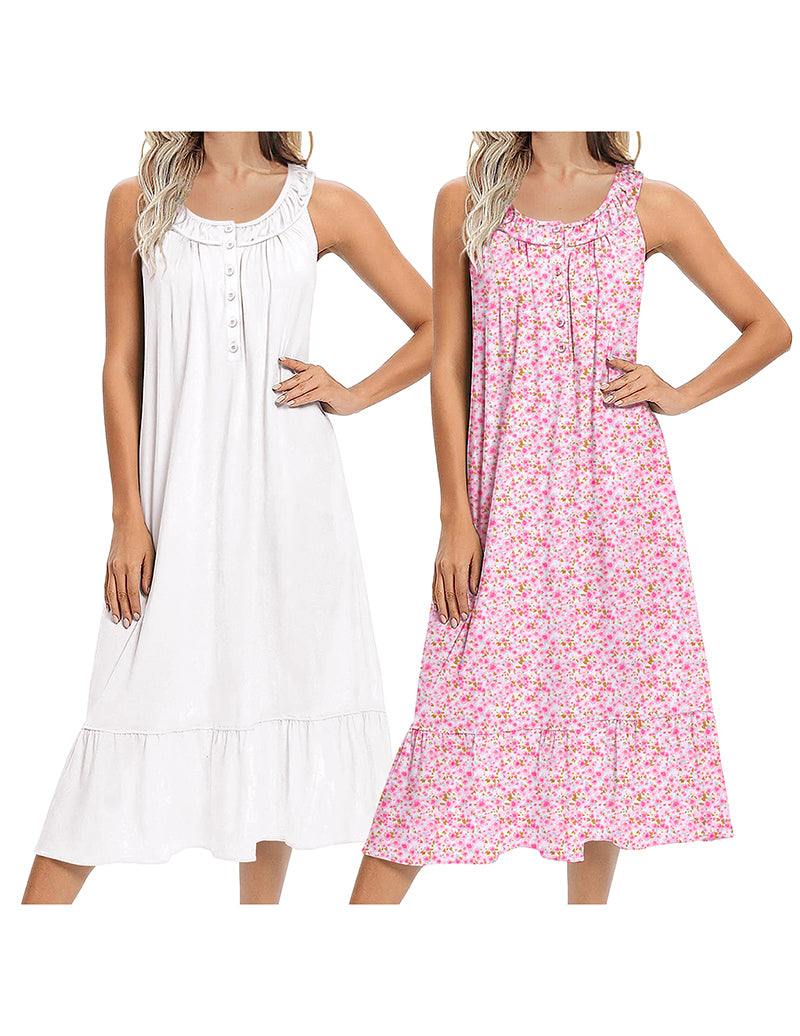 Two sleeveless long nightgowns: white and pink floral, button front