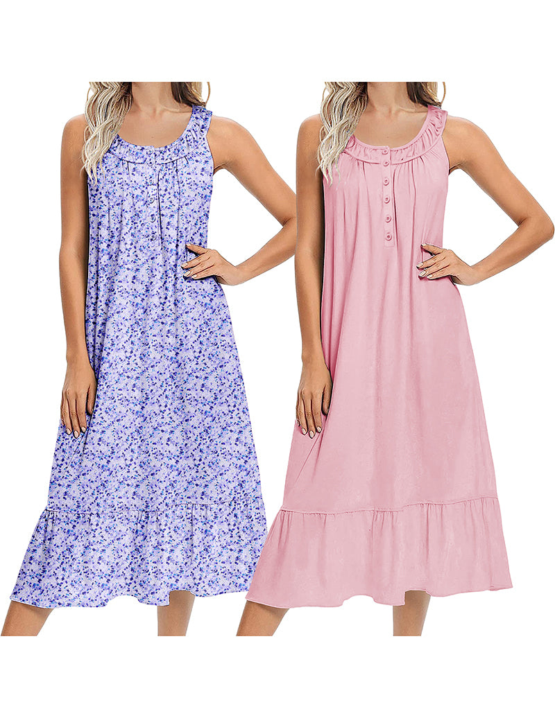 Two sleeveless long nightgowns: lavender floral and pink solid, button front