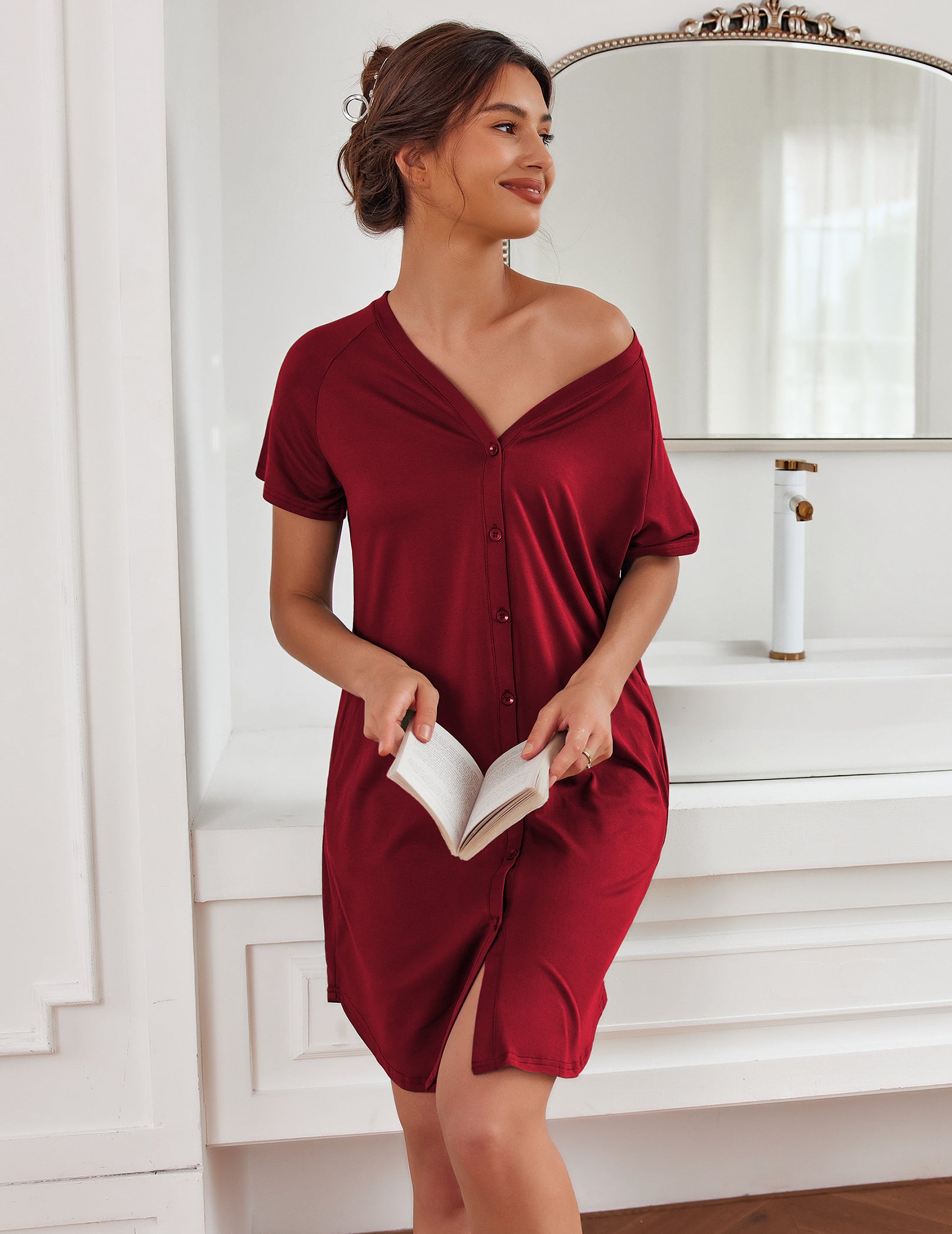 Casual V-Neck Button Down Nightgown