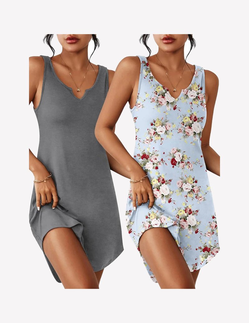 2-pack sleeveless V-neck sleep nightgown: gray solid and light-blue floral