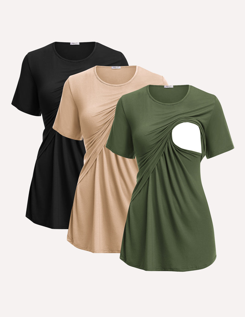 Ekouaer 3 Pack Short Sleeve Nursing Shirts Soft Maternity Tops