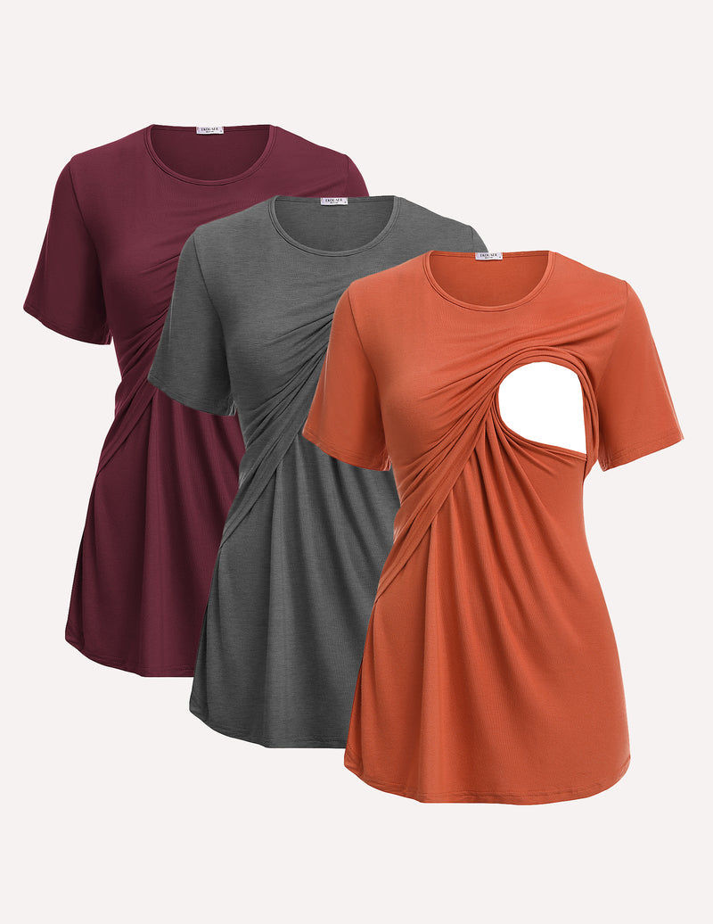 Ekouaer 3 Pack Short Sleeve Nursing Shirts Soft Maternity Tops