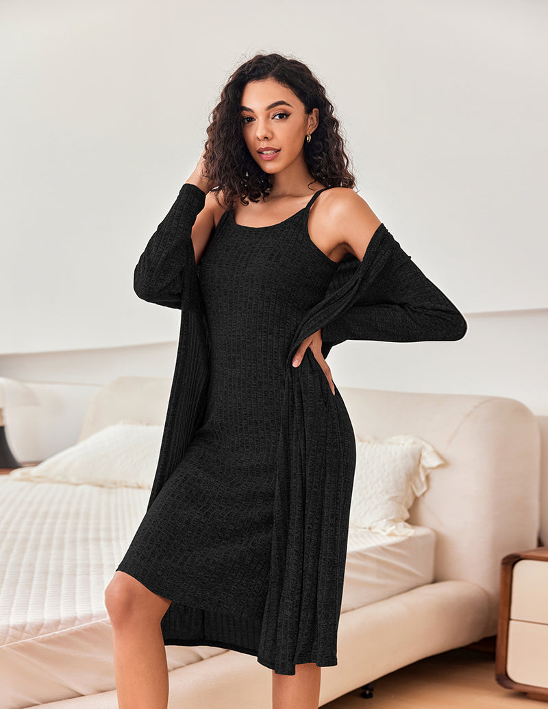 Ribbed Knit 2-Piece Robe Lounge Set (US Only)