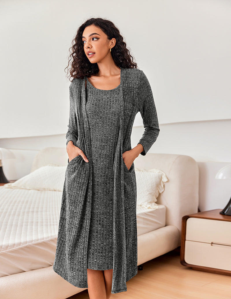 Ribbed Knit 2-Piece Robe Lounge Set (US Only)