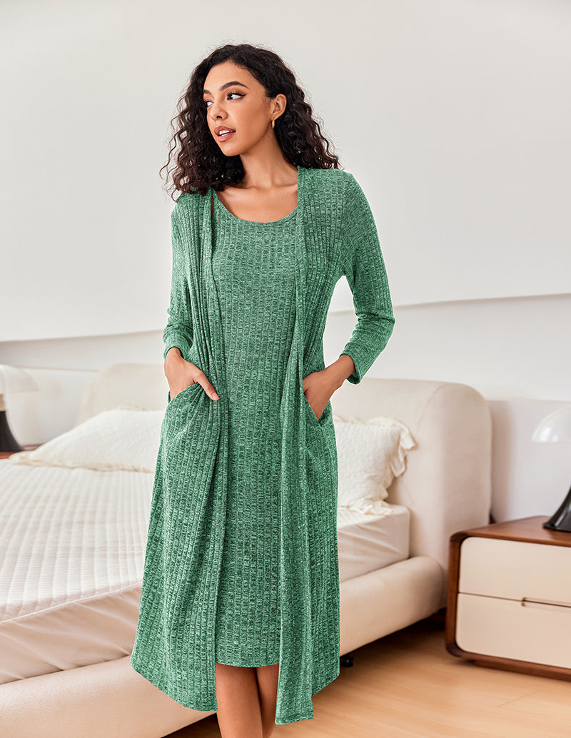 Ribbed Knit 2-Piece Robe Lounge Set (US Only)