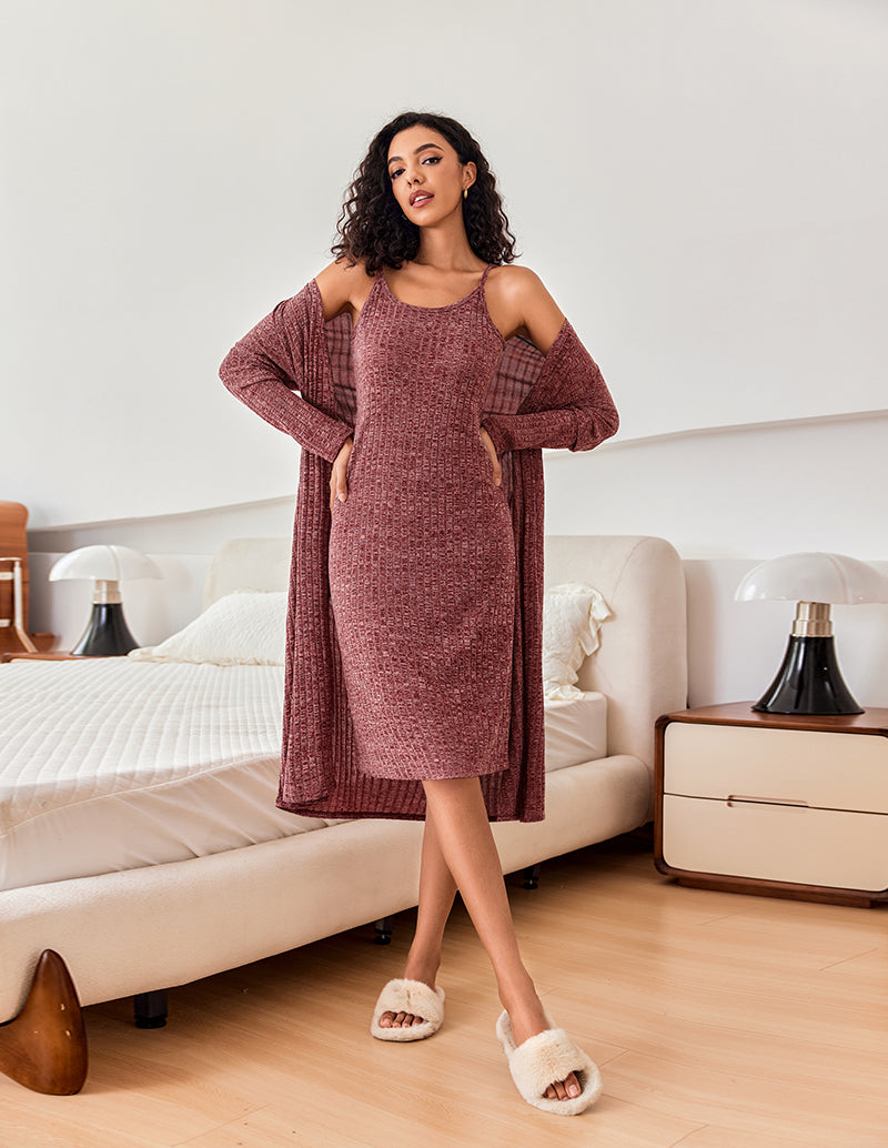 Ribbed Knit 2-Piece Robe Lounge Set (US Only)