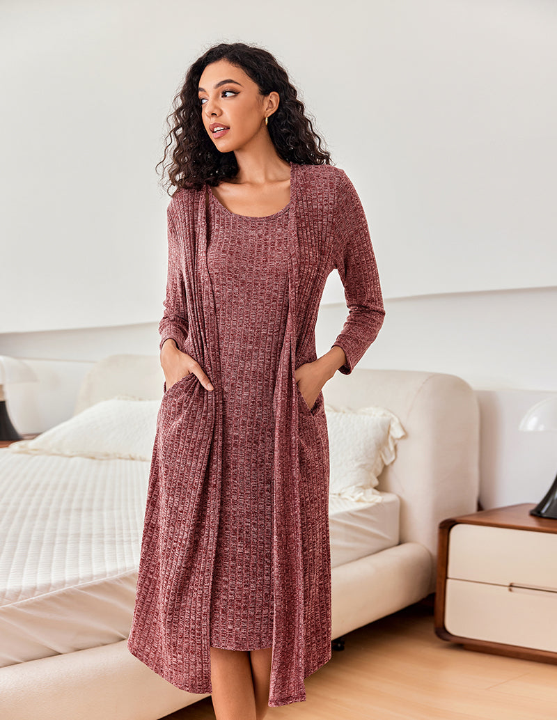 Ribbed Knit 2-Piece Robe Lounge Set (US Only)