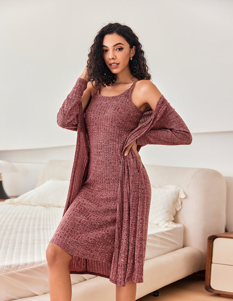 Ribbed Knit 2-Piece Robe Lounge Set (US Only), Pink / XXL Ribbed Knit 2-Piece Robe Lounge Set (US Only), Pink / XXL