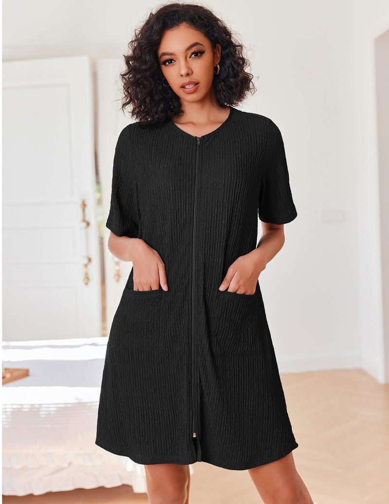 Zipper Robes Knit Short Bathrobe