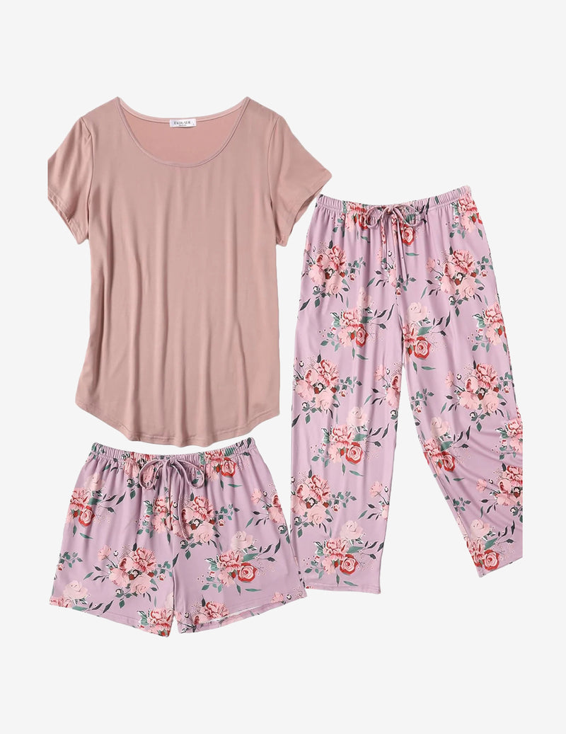 3 PCS Capri Pajamas Set Short Sleeve Floral Pajama Sets