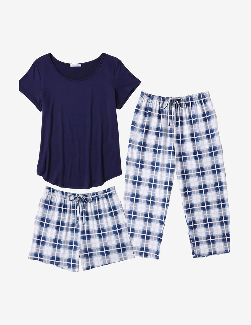 3 PCS Capri Pajamas Set Short Sleeve Floral Pajama Sets