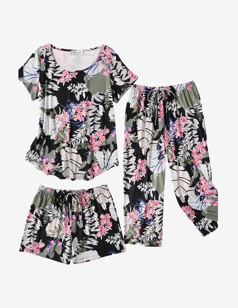 3 PCS Capri Pajamas Set Short Sleeve Floral Pajama Sets