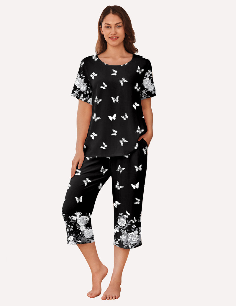 Ekouaer Short Sleeve Capri Pyjamas Set With Pockets