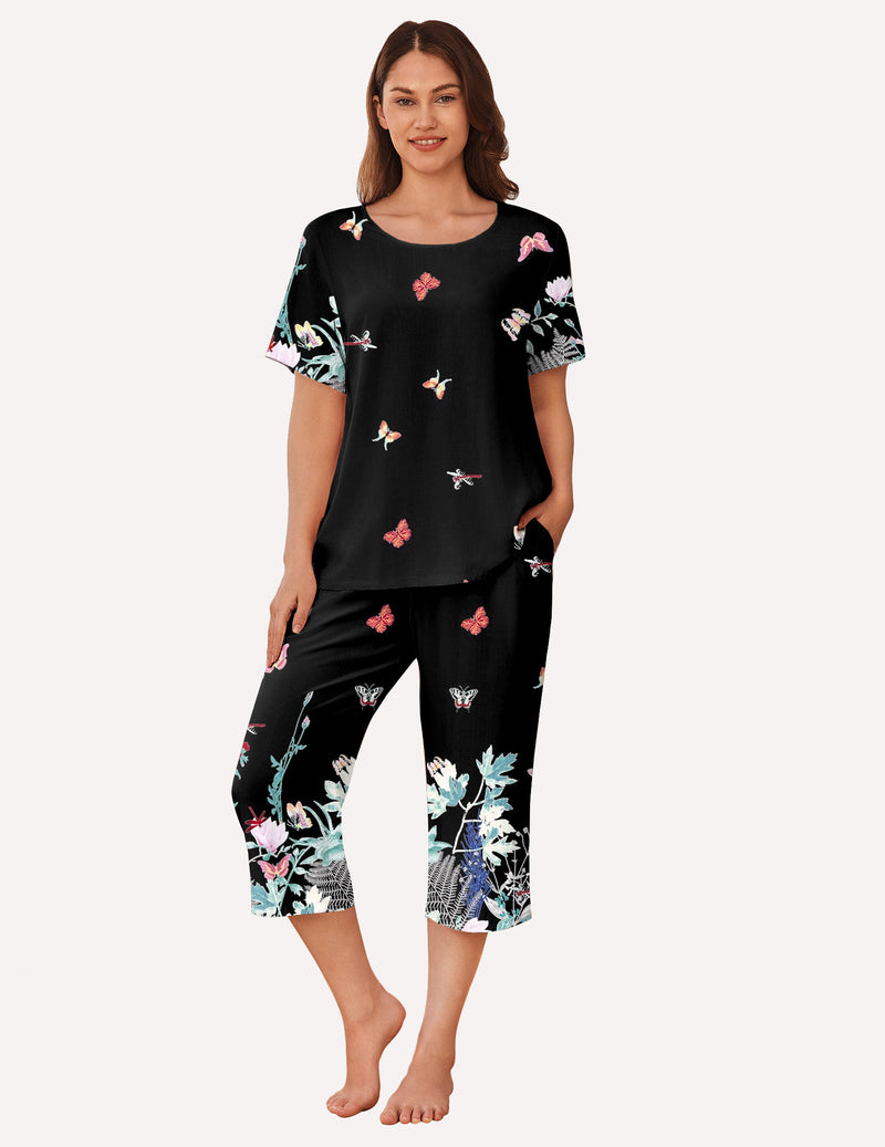 Ekouaer Short Sleeve Capri Pyjamas Set With Pockets