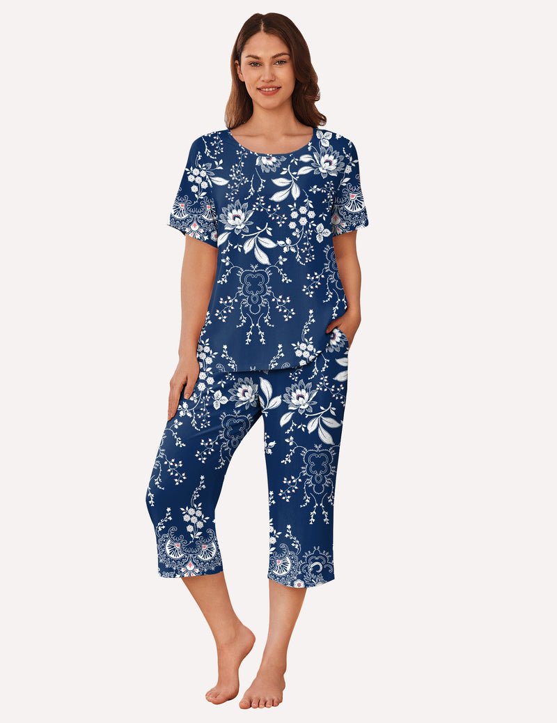 Ekouaer Short Sleeve Capri Pyjamas Set With Pockets