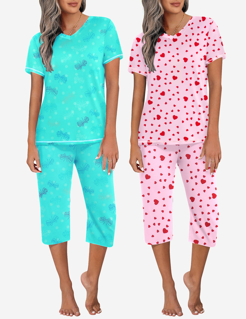 2 Pack Pajama Sets Tops & Capri Pants Lounge Sets