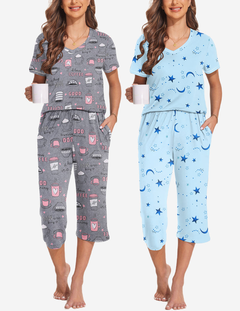 2 Pack Pajama Sets Tops & Capri Pants Lounge Sets