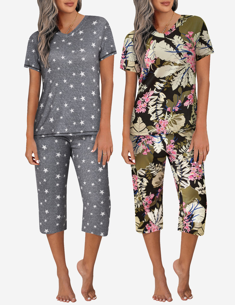 2 Pack Pajama Sets Tops & Capri Pants Lounge Sets