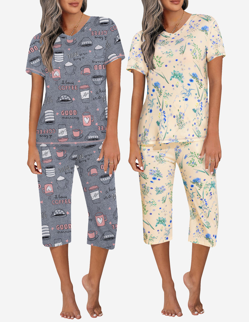 2 Pack Pajama Sets Tops & Capri Pants Lounge Sets