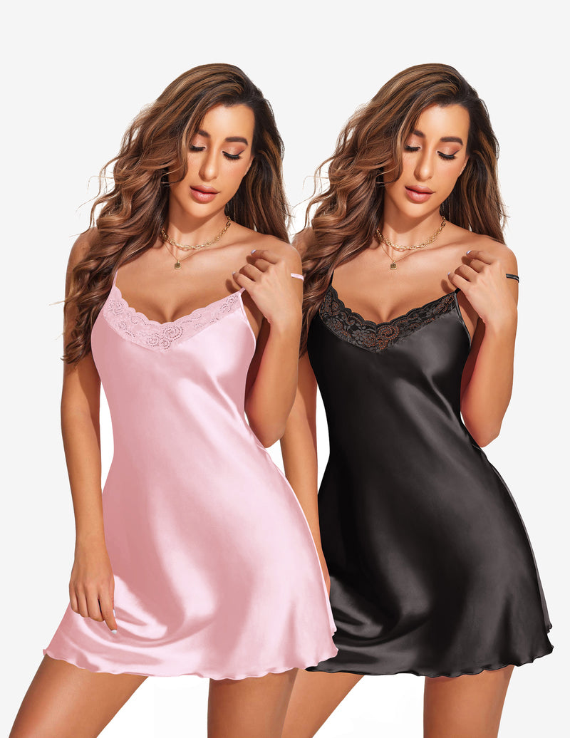 Ekouaer 2 Pack Silk Nightgowns Babydoll Negligee