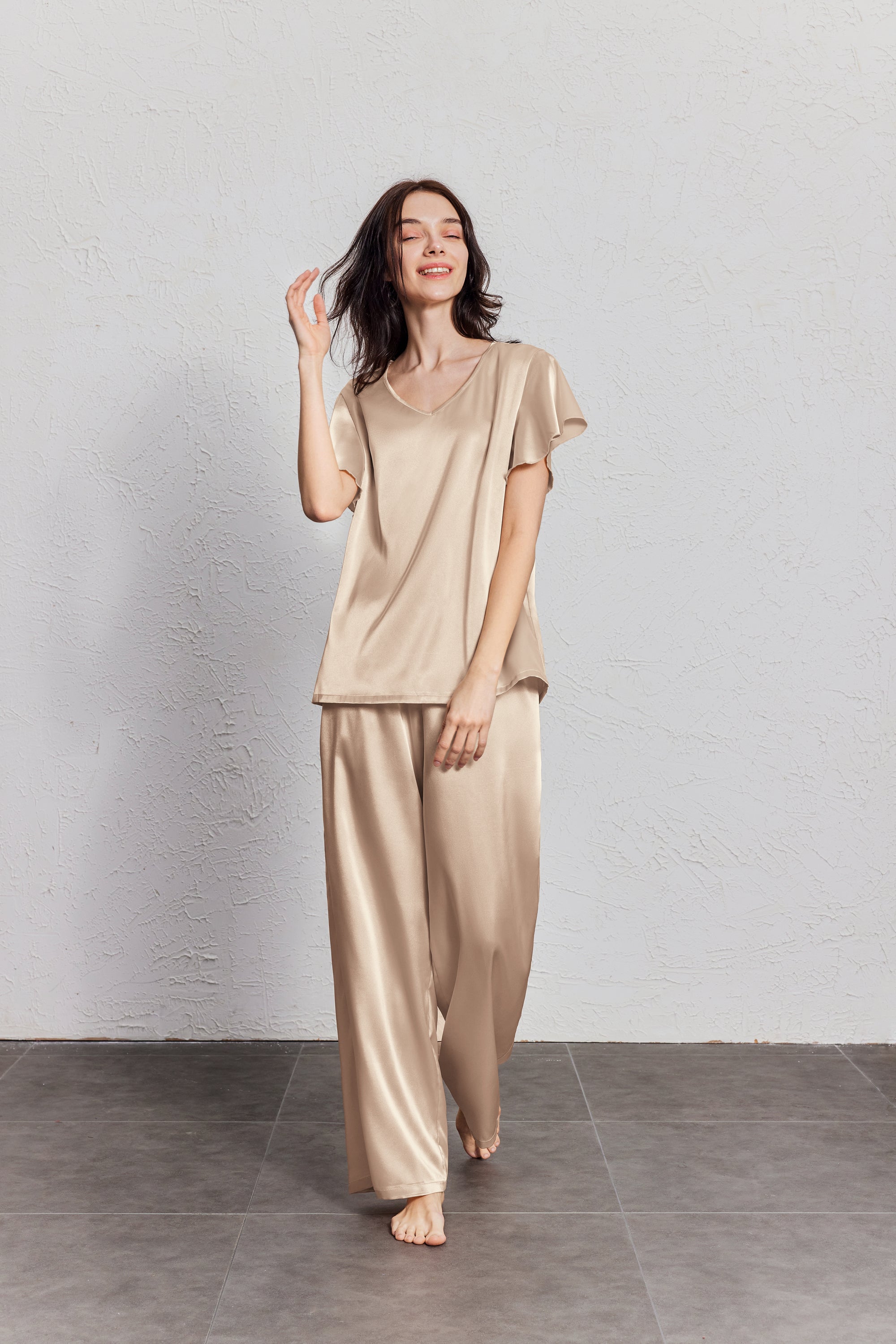 Silk Satin Ruffle Sleeve Pajama Sets