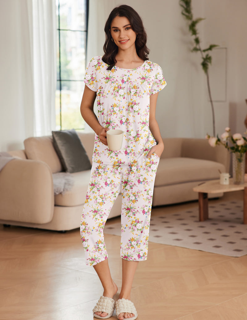 Ekouaer Pajama Set Short Sleeve Pleated Floral Pjs Set