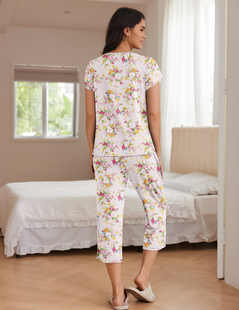 Ekouaer Pajama Set Short Sleeve Pleated Floral Pjs Set