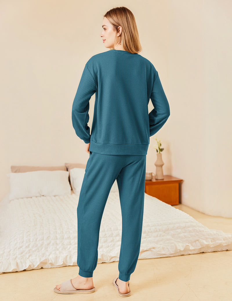 Teal waffle knit pajama set with long-sleeve top and jogger pants, back view