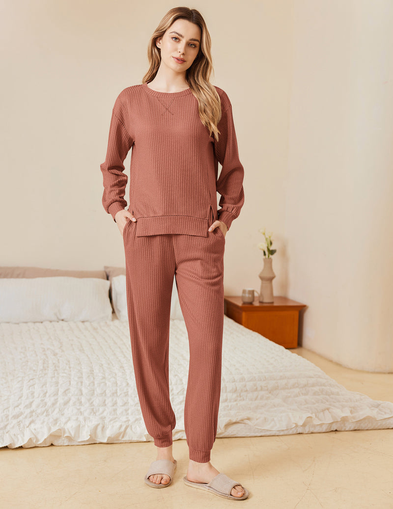 Dusty rose waffle knit pajama set with long-sleeve top and jogger pants