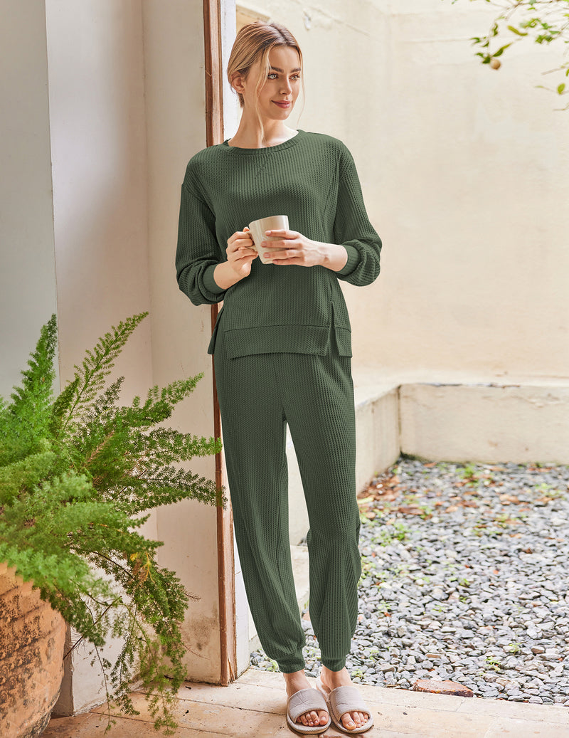 Deep green waffle knit pajama set with long-sleeve top and jogger pants