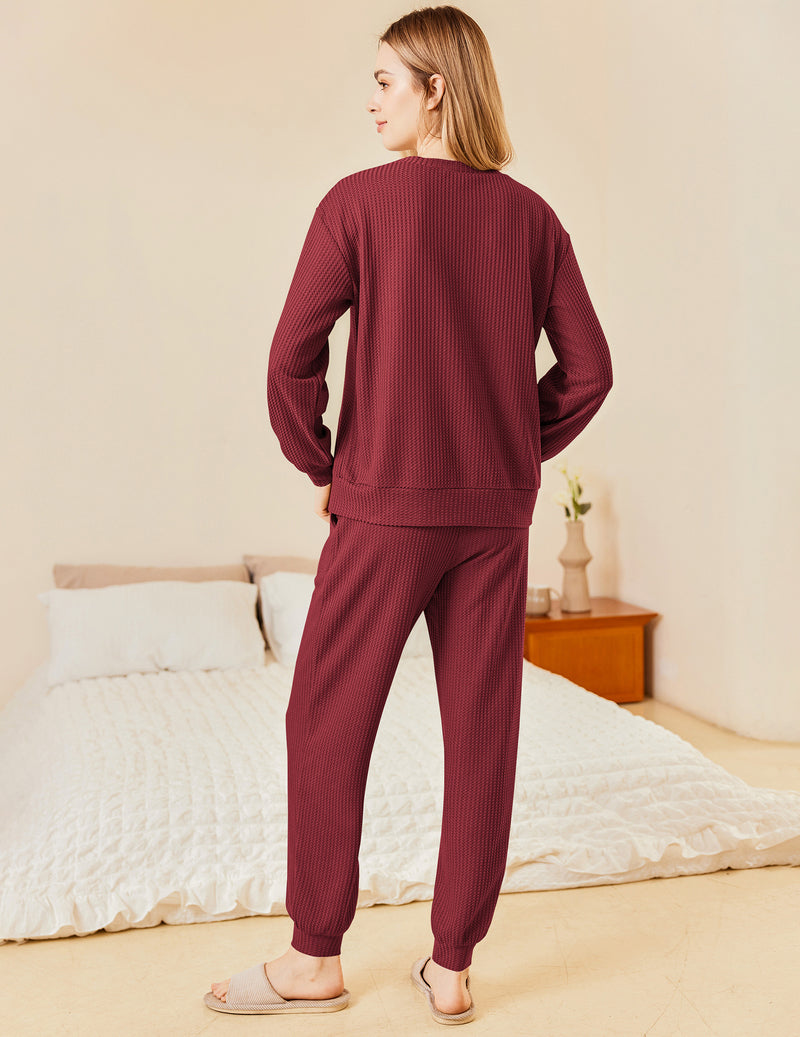 Wine red waffle knit pajama set, long-sleeve top and jogger pants with pockets, back view