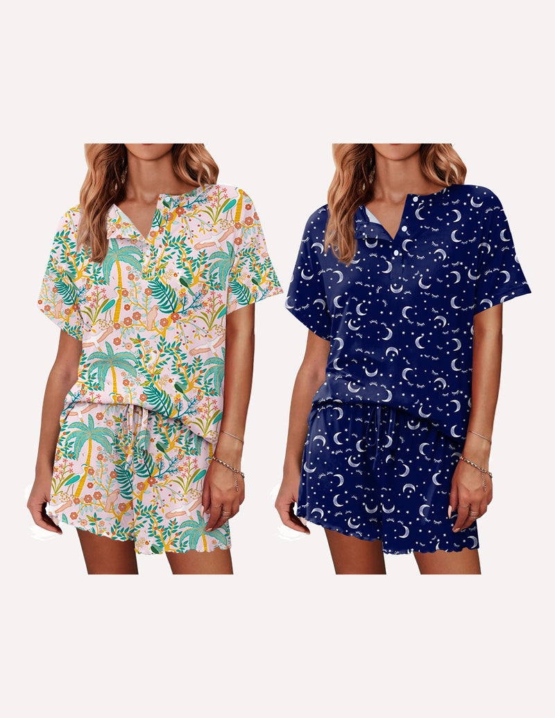 Ekouaer 2 Pack Pajama Sets Short Sleeve Top with Shorts