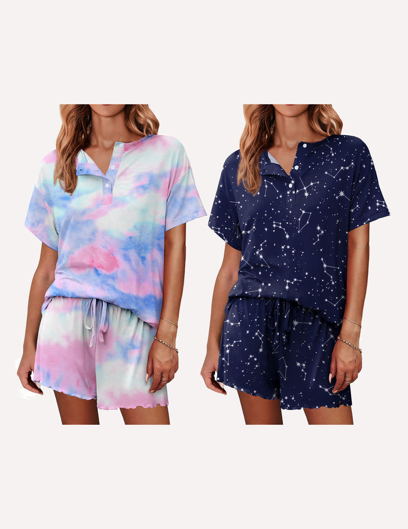 Ekouaer 2 Pack Pajama Sets Short Sleeve Top with Shorts