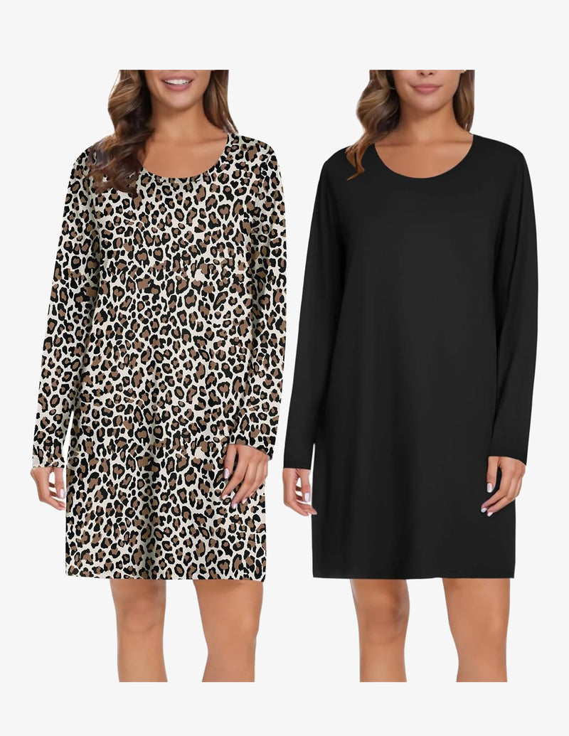 2 Pack Long Sleeve Sleep Shirts Soft Night Gowns Dress