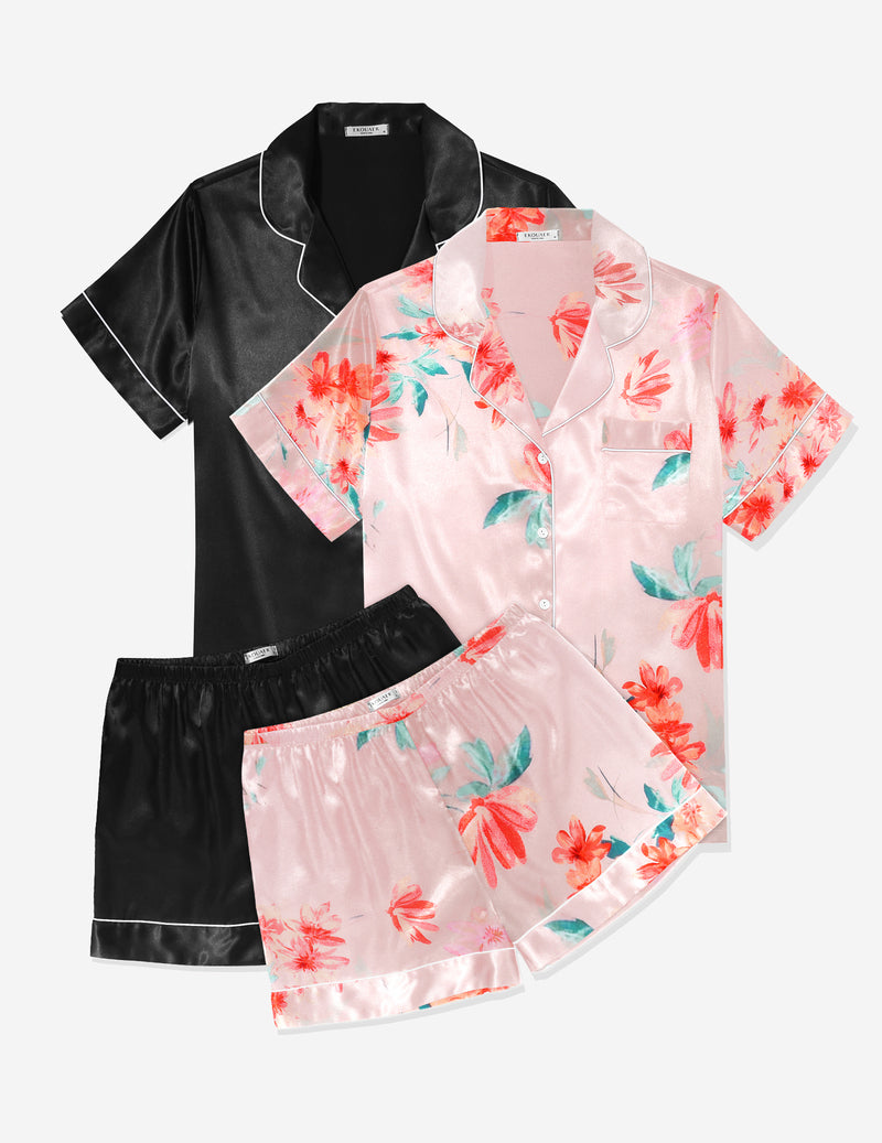 Ekouaer 2 Pack Pajama Sets Silk Satin Pj Lounge Set