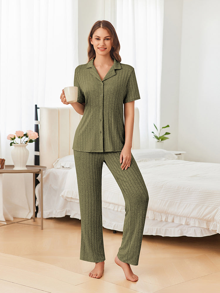 Casual Stretch Rib Knit Pajama Set (US Only)