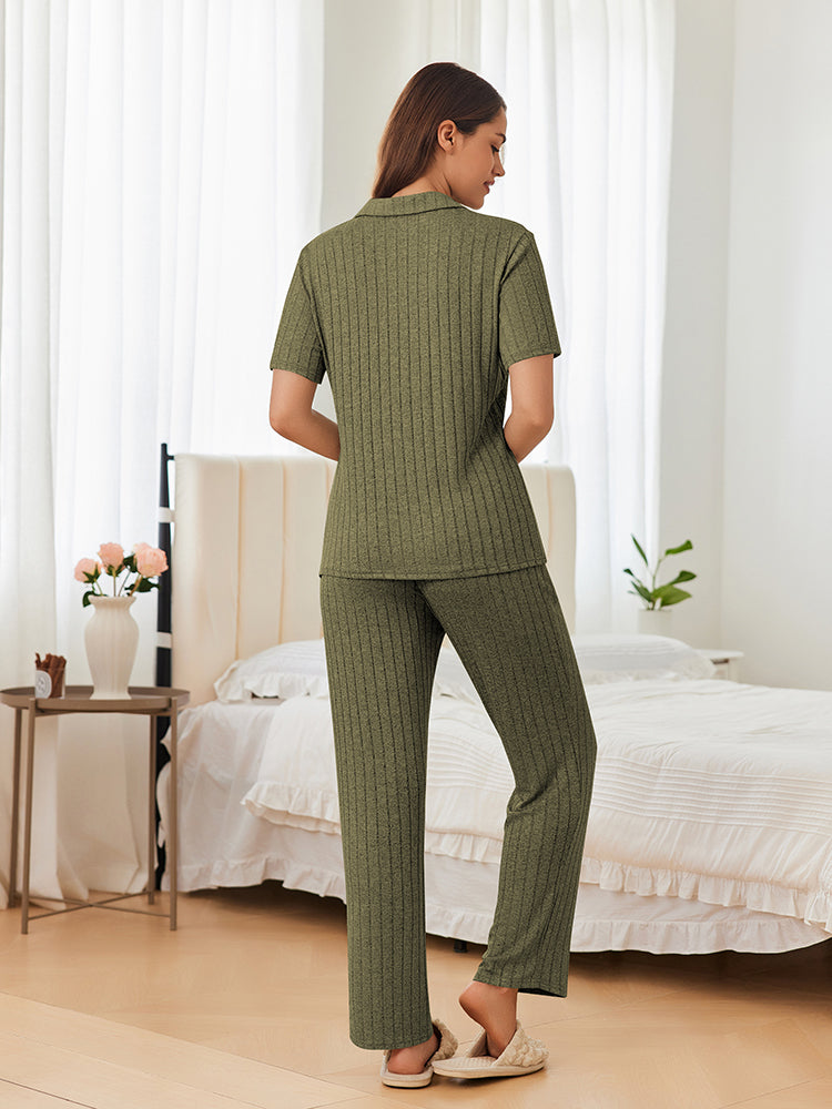 Casual Stretch Rib Knit Pajama Set (US Only)