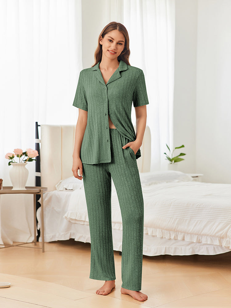 Casual Stretch Rib Knit Pajama Set (US Only)