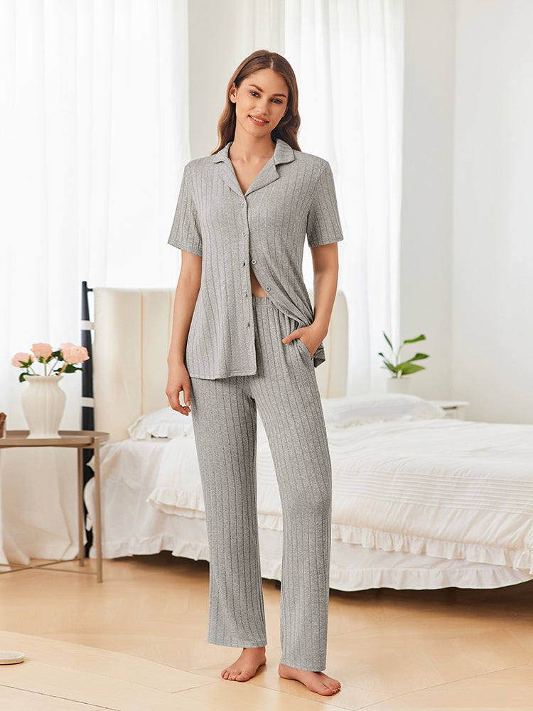 Casual Stretch Rib Knit Pajama Set (US Only)