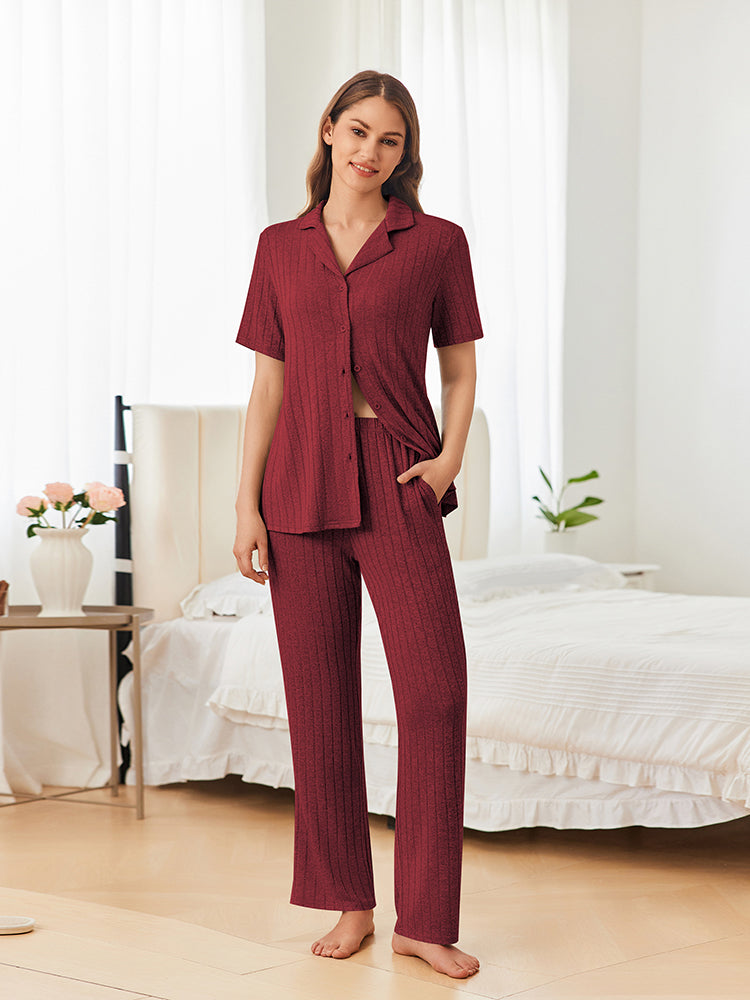 Casual Stretch Rib Knit Pajama Set (US Only)