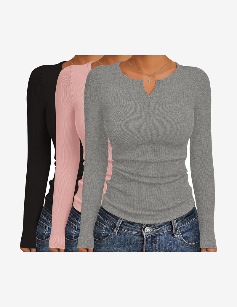 3 Packs Henley Button Down Ribbed Tops