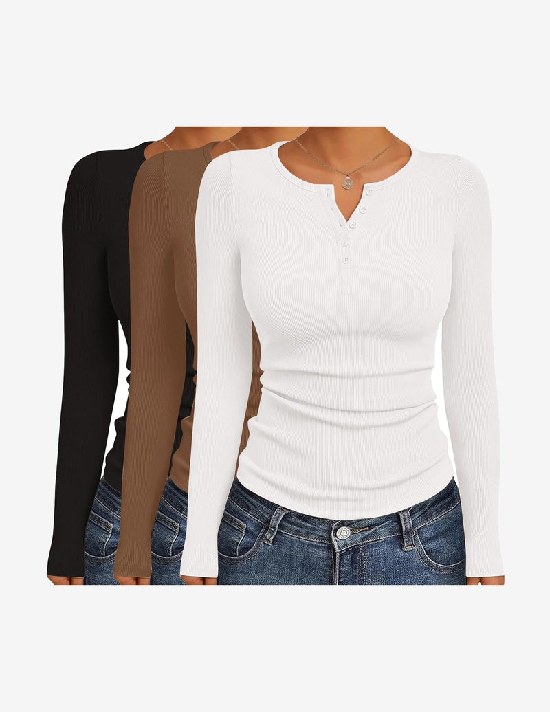 3 Packs Henley Button Down Ribbed Tops