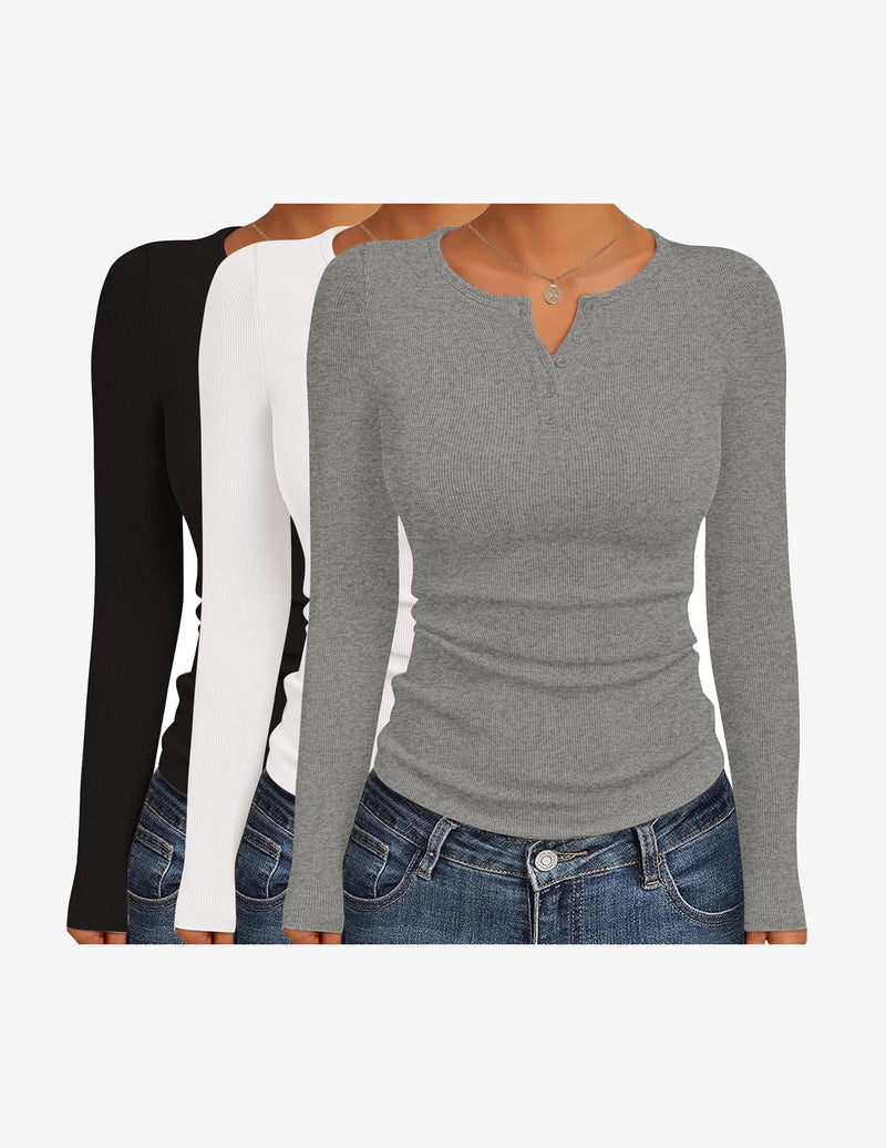3 Packs Henley Button Down Ribbed Tops
