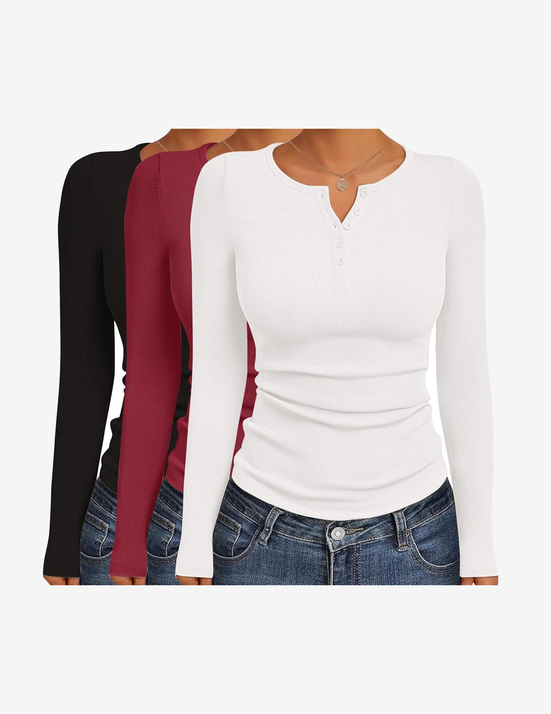 3 Packs Henley Button Down Ribbed Tops