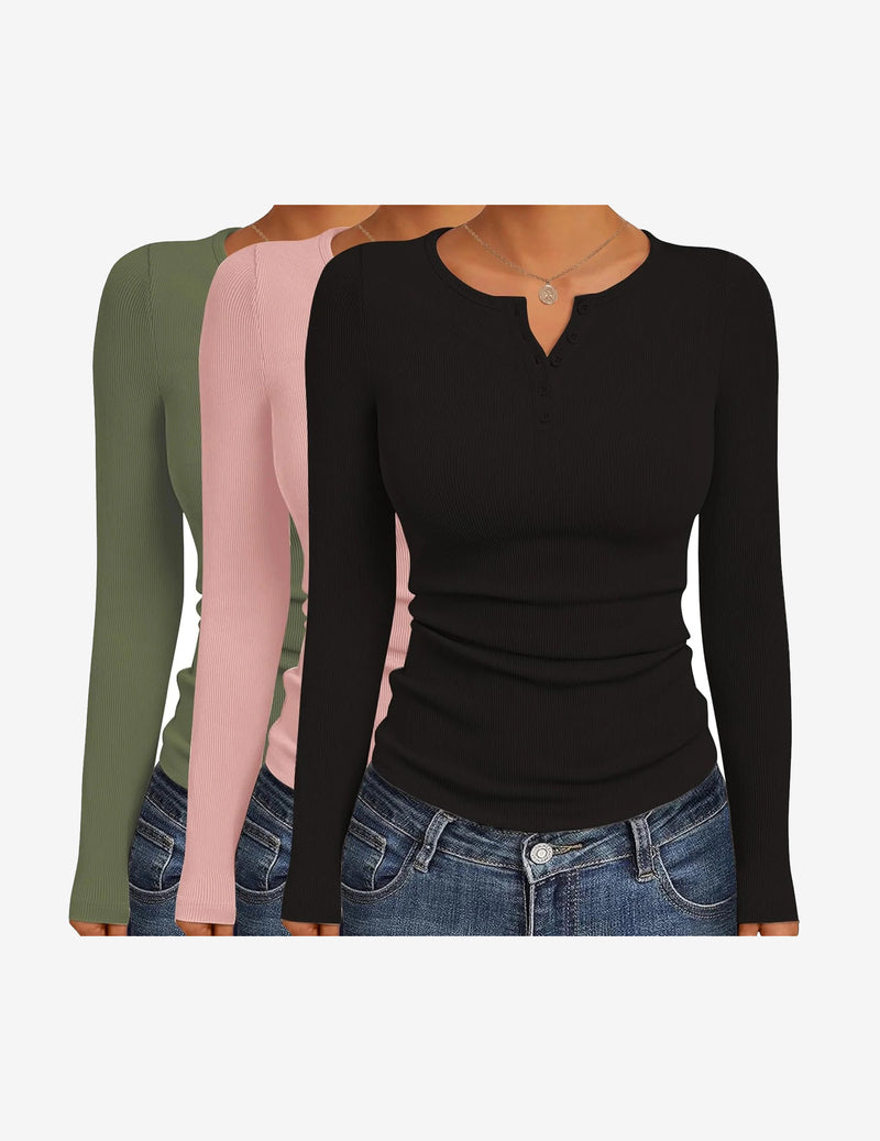 3 Packs Henley Button Down Ribbed Tops